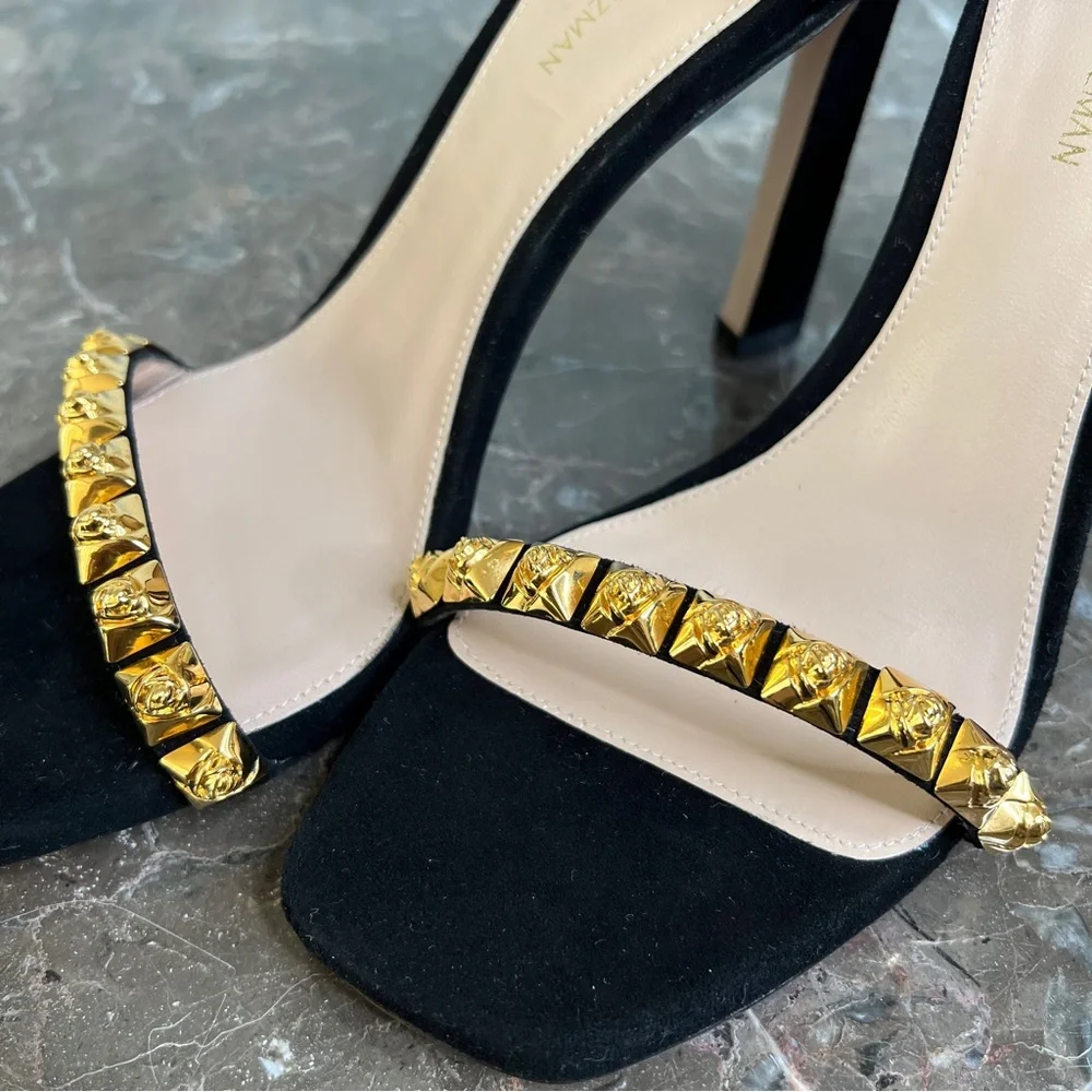 NEW Stuart Weitzman The Rosist Black Suede and Gold Studded Sandal Heels